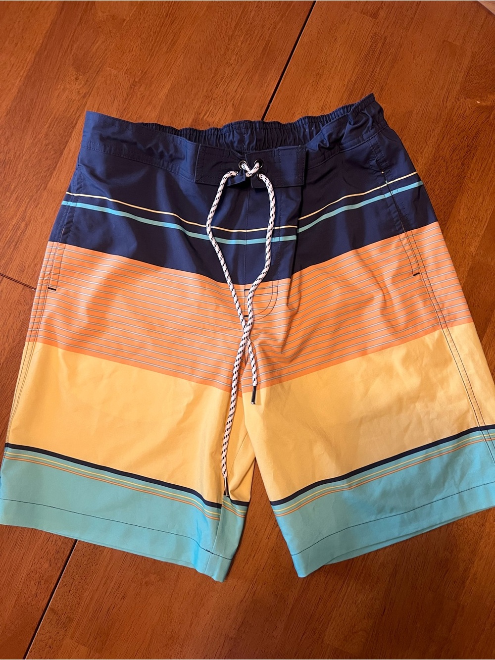 Men's Nautical Striped Swim Trunks - Navy, Orange, Yellow, Teal, like brand new